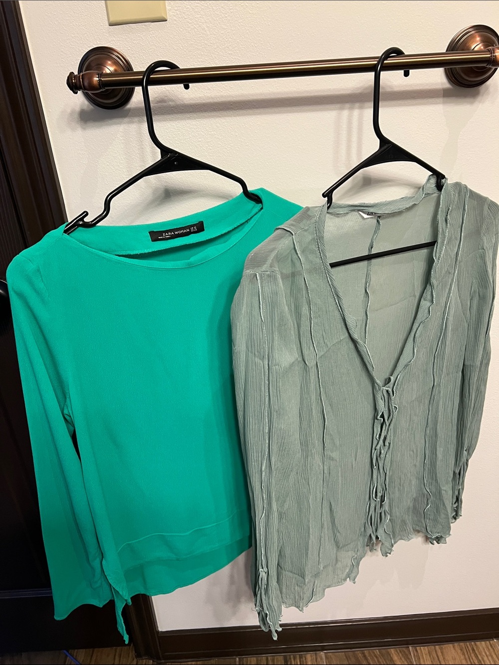 Lot of 2 Zara Tops. Long-Sleeve Green Top & Sage Tie-Front Lightweight Top